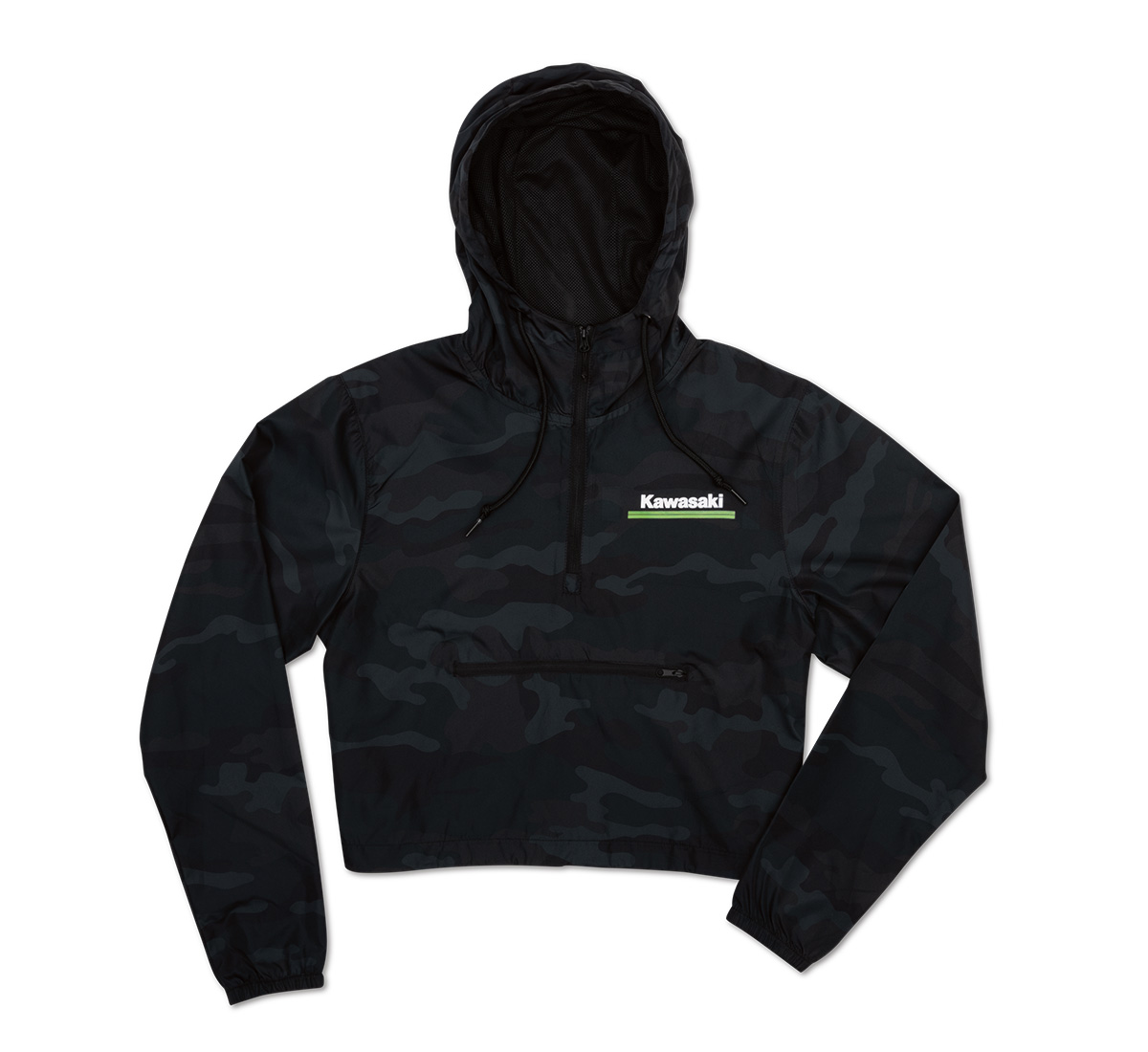 Women's Kawasaki 3 Green Lines Camo Half Zip Pullover Hooded Lightweight Windbreaker Jacket